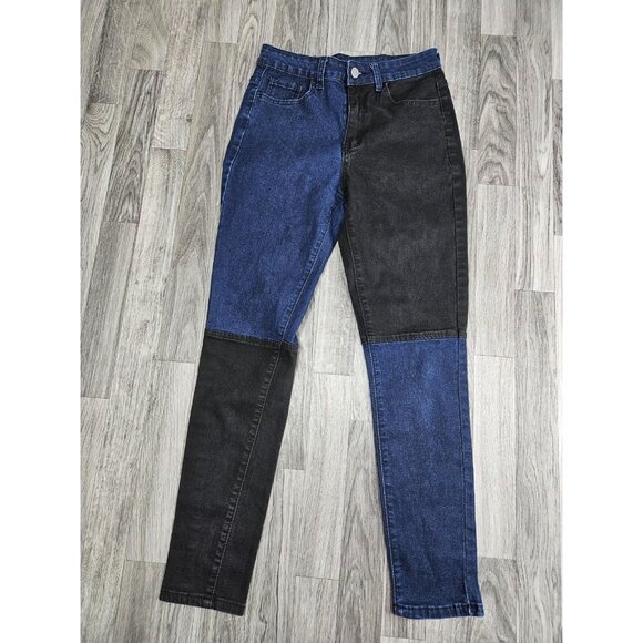 (3/$35) SHEIN Jeans Womens Medium Blue Black Two Tone Colorblock Patchwork Denim - Picture 1 of 9